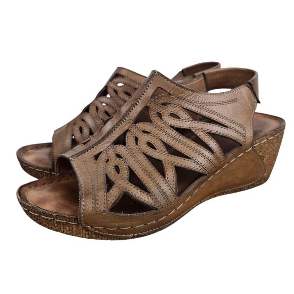 Karyoka Brown Leather Cutout Wedge Sandals Sz 38 US 7.5 - 8 Boho Beach - Picture 2 of 15